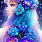 Woman with Blue and Purple Hair and Flowers on Starry Night Sky Background