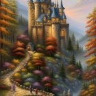 Castle on waterfall surrounded by autumn trees in mystical landscape