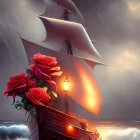 Fantastical ship with red roses, glowing windows, billowing sails in stormy ocean sunset