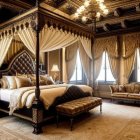 Luxurious Bedroom with Four-Poster Bed and Crystal Chandelier