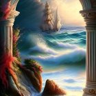 Fantasy seascape with ship in tumultuous waves and archway view.