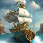 Elegant white sail ship on serene blue waters with mystical islands