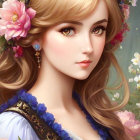 Blonde Woman with Golden Tiara and Blue Dress Illustration