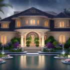 Luxurious House Twilight Scene with Lit Entrance, Gardens, Water Features, Starry Sky