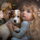 Blonde Curly-Haired Woman with Dog in Gold Accessories and Pink Flowers