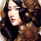 Stylized portrait of woman with glossy hair and floral accessories