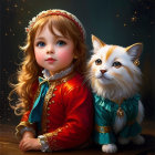 Child with curly hair in red and blue jacket next to a cat in matching outfit