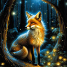 Vibrant digital illustration: Red fox in mystical forest