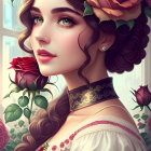 Digital artwork: Woman with braided hair, roses, vintage attire, floral surroundings