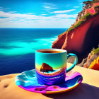 Surreal image: vibrant coffee cup mirroring coastal scene on liquid palette saucer