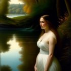 Tranquil forest scene: woman in white dress by river at dusk