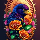 Colorful digital artwork of a blue bird with intricate plumage and floral surroundings.