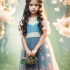 Young girl in floral headband and blue dress surrounded by pink blossoms symbolizes innocence and springtime