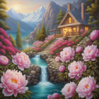 Tranquil cottage by stream with pink flowers and mountains at sunset