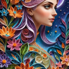 Colorful portrait with floral headdress on cosmic backdrop