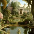 Tranquil garden with hedges, flowers, ponds, and classical estate