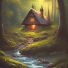 Tranquil forest cabin scene with stream and heron at dawn