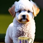 Fluffy white and tan puppy beside glass bowl with flowers on green background