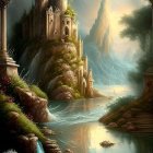 Mystical river winding through lush landscape with castles and spires