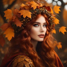 Woman with long auburn hair and autumn flower crown in golden forest.