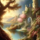 Fantasy landscape with castle, waterfall, forests, mountains, and bird in radiant light