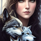 Woman with blue eyes and wavy brown hair beside two wolf faces symbolizing nature connection.