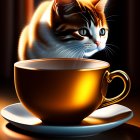 Curious cat gazes at steaming cup of coffee on table.