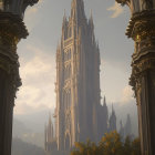 Gothic cathedral with arched window, mountains, hazy sky