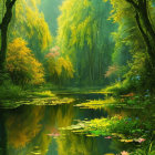 Tranquil forest landscape with pond and blooming flowers