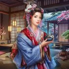 Digital artwork of woman in Japanese attire with fan in cherry blossom room