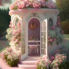 Enchanting garden pavilion with pink flowers and vines in soft light