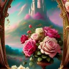 Surreal cat-bird hybrid on roses with golden frame, bird and dragonflies in mountain scenery