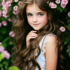 Curly-Haired Girl Smiling in White Dress with Pink Roses