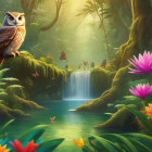 Colorful bird overlooking forest stream with waterfall