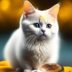 White Kitten with Blue Eyes Surrounded by Yellow Flowers on Wooden Surface