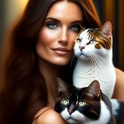 Woman with long wavy hair holding two tabby cats - Striking eyes and distinctive markings