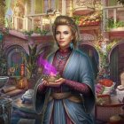 Woman in ornate traditional attire with glowing purple flame in enchanted garden.