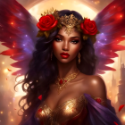 Illustrated Woman with Golden Jewelry, Butterfly Wings, and Red Roses