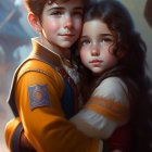 Young children in yellow and cream clothing embrace with expressive eyes