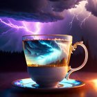 Transparent tea cup with cosmic scene and butterfly on stormy sky