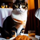 Striped scarf cat at dining table with food and juice