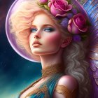 Illustrated woman with astral-themed helmet and hummingbird in cosmic setting