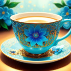 Blue Flower Design Porcelain Tea Cup with Tea on Saucer surrounded by Decorative Flowers