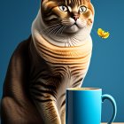 Tabby cat with scarf by blue mug on wooden table gazes at yellow flower