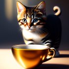 Striped cat blending with sunlight behind translucent tea cup