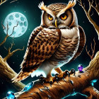 Colorful Stylized Owl Perched on Branch Under Full Moon