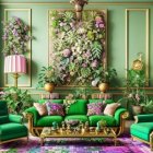 Green-themed living room with floral decor and pink accents