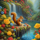 Colorful squirrel illustration in floral setting with waterfall