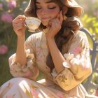 Woman in floral dress sipping tea in garden surrounded by blooming flowers