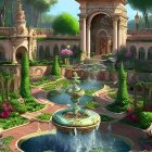 Tranquil garden with fountains, flora, and classical architecture